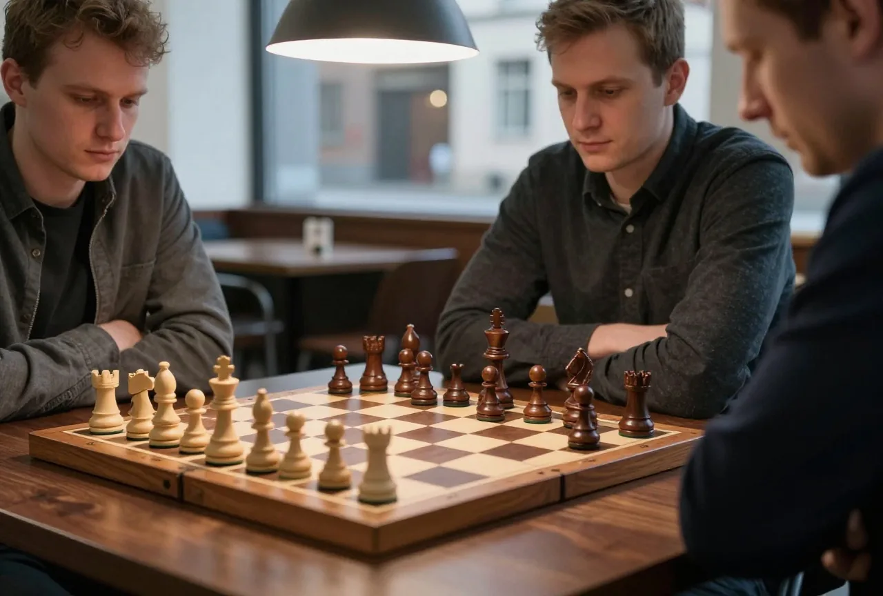 Zwei Männer spielen an einem Vereinstisch eine Partie nach, ein heller Turm und Läufer stehen nahe am dunklen König