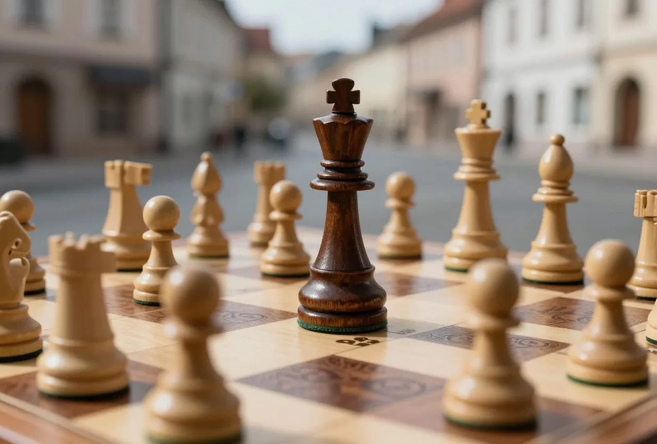 Eine dunkle Dame steht in der Brettmitte und ist von hellen Figuren umgeben, dramatisches Licht