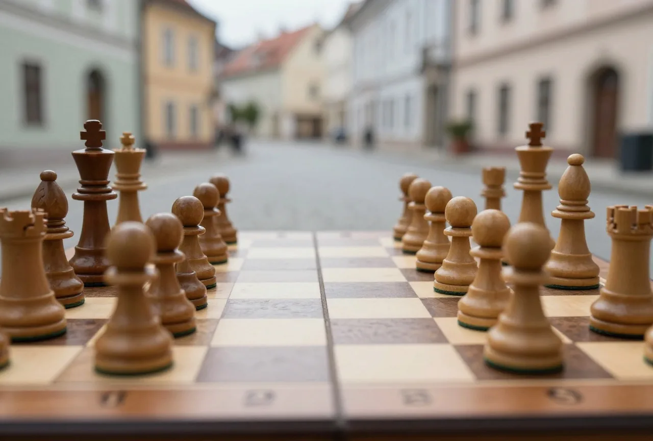 Flacher Blick über das Schachbrett, Bauern rücken gegen Könige auf verschiedenen Brettseiten vor