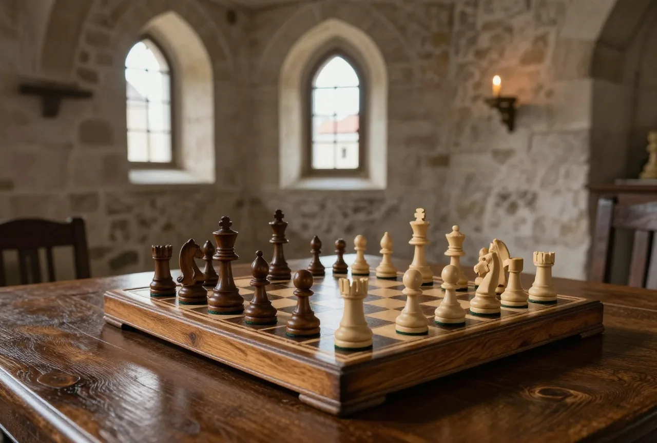 Altes Holzschachbrett auf einem Eichentisch in einem dunklen Klosterraum mit Bogenfenster und Kerzenlicht