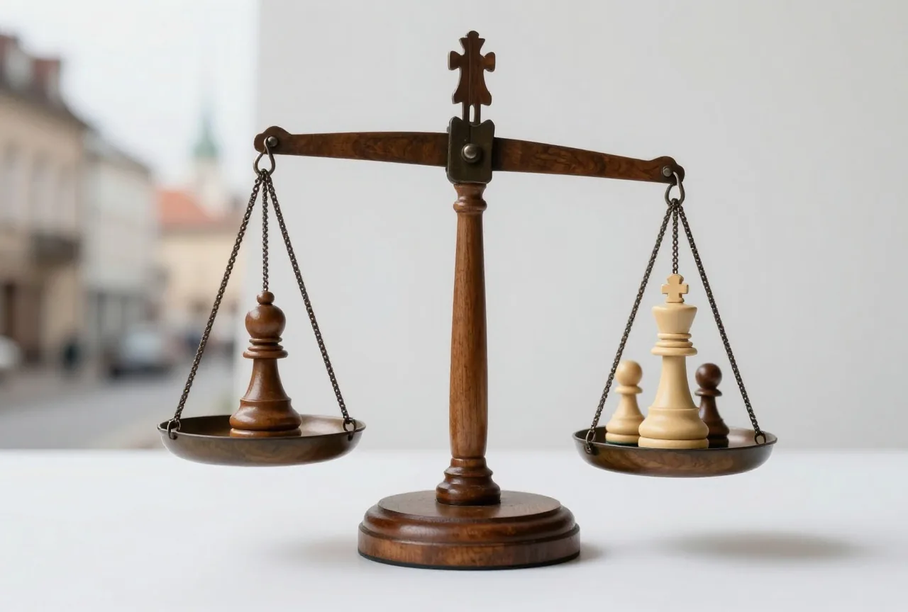 Eine Balkenwaage aus Holz mit einem Turm auf der einen und mehreren Bauern auf der anderen Seite
