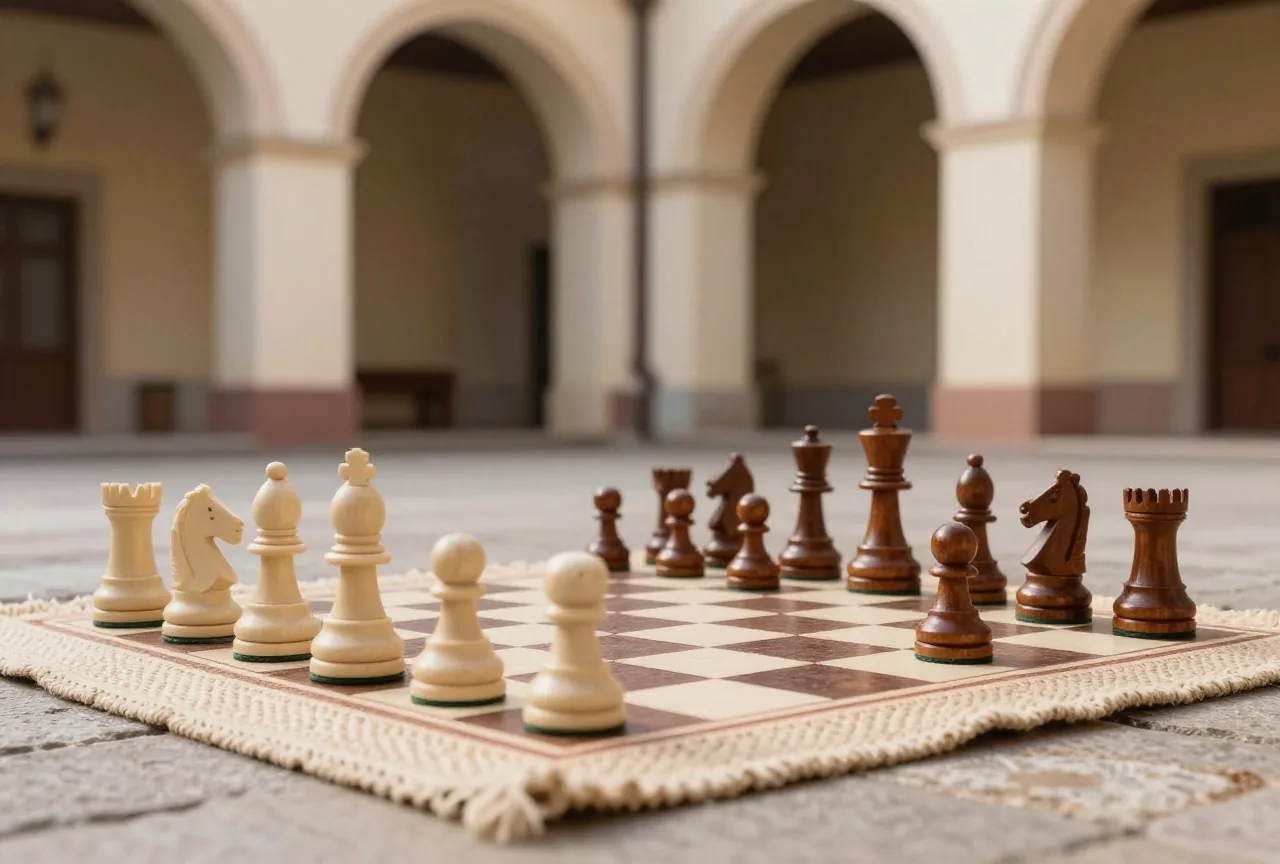 Schlichte, abstrakt geformte Spielsteine aus Stein auf einem gewebten Teppich in einem Innenhof mit Bögen