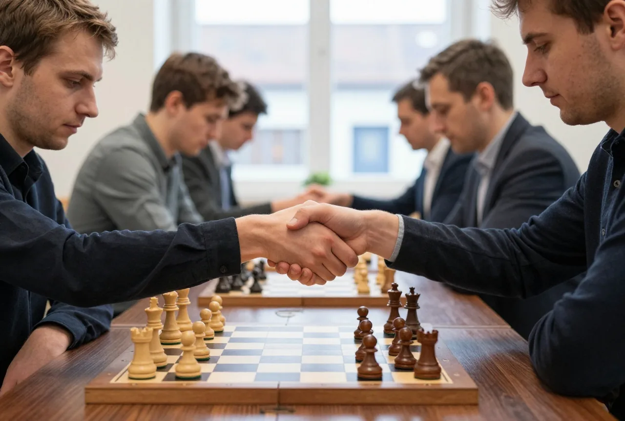 Zwei Spieler reichen sich über einem Schachbrett im Endspiel die Hand, im Hintergrund ein Turniersaal