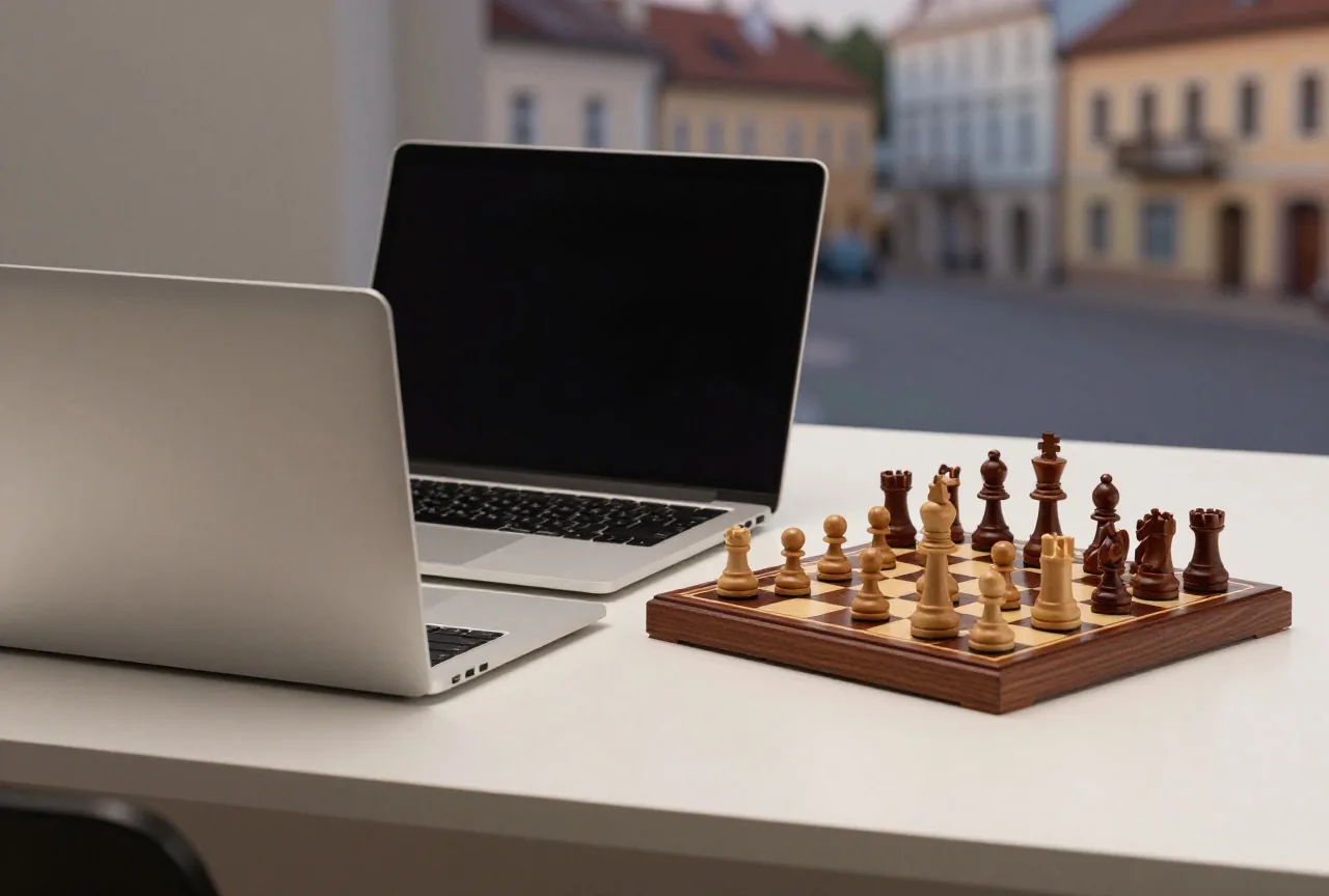 Ein Laptop von hinten gesehen auf einem Schreibtisch neben einem kleinen Holzschachspiel am Abend