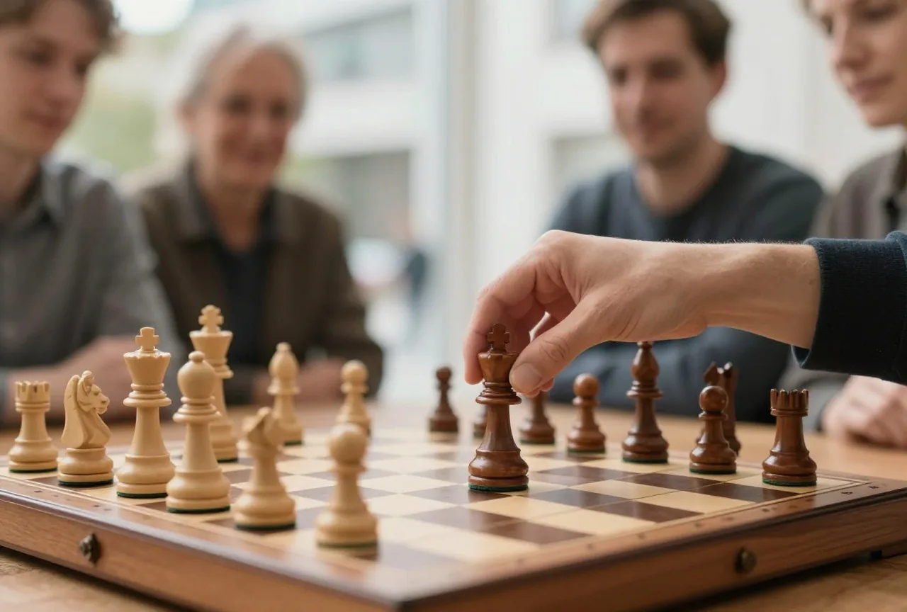 Eine Hand setzt einen hölzernen König auf der Grundreihe des Schachbretts zwei Felder weit