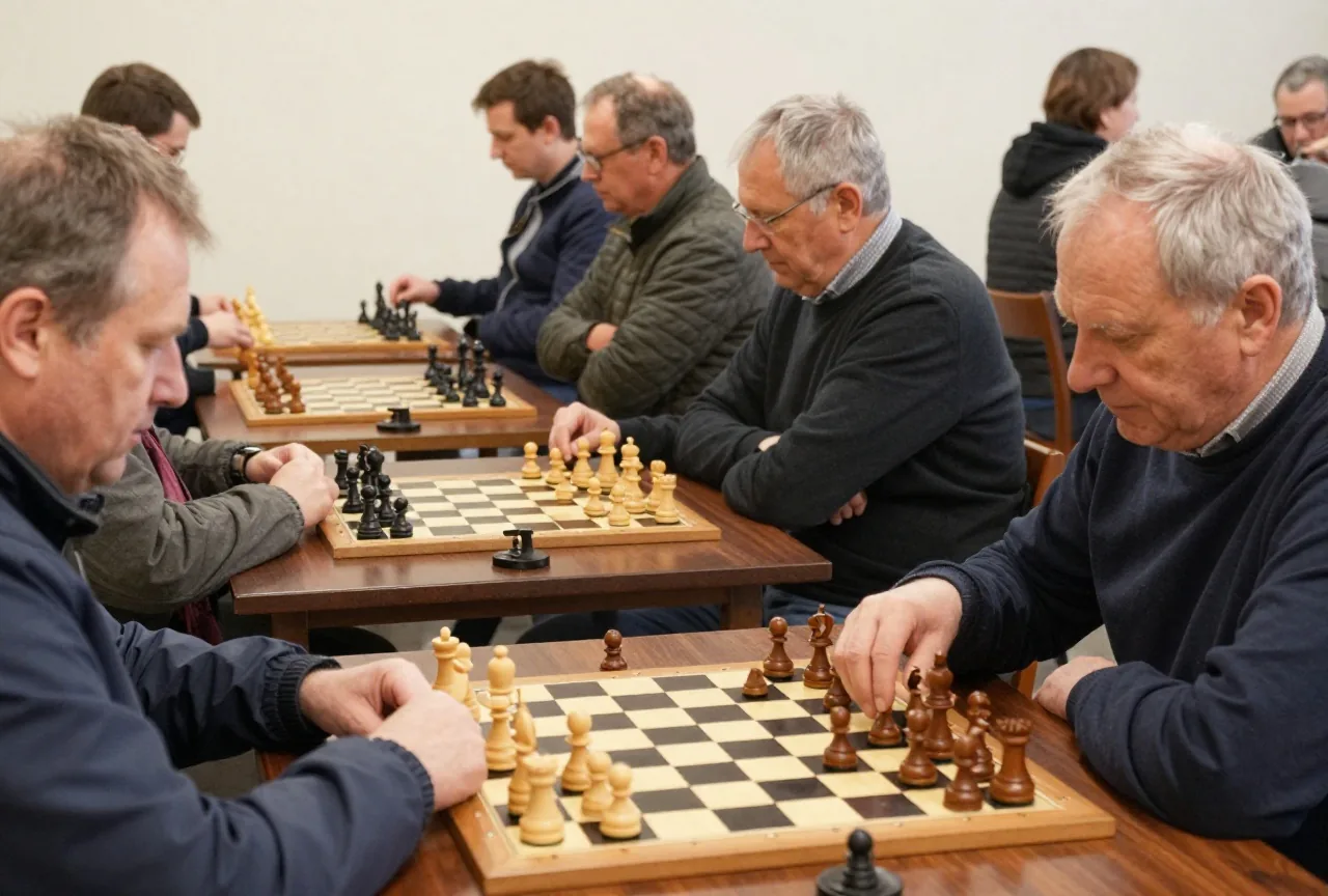 Vereinsraum mit mehreren Tischen, auf denen Schachbretter aufgebaut sind, Erwachsene spielen konzentriert