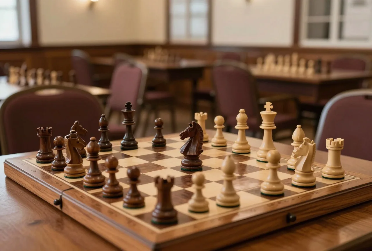 Ein altes Holzschachspiel auf einem Tisch in einem ruhigen Turniersaal, ein dunkler Springer in der Brettmitte