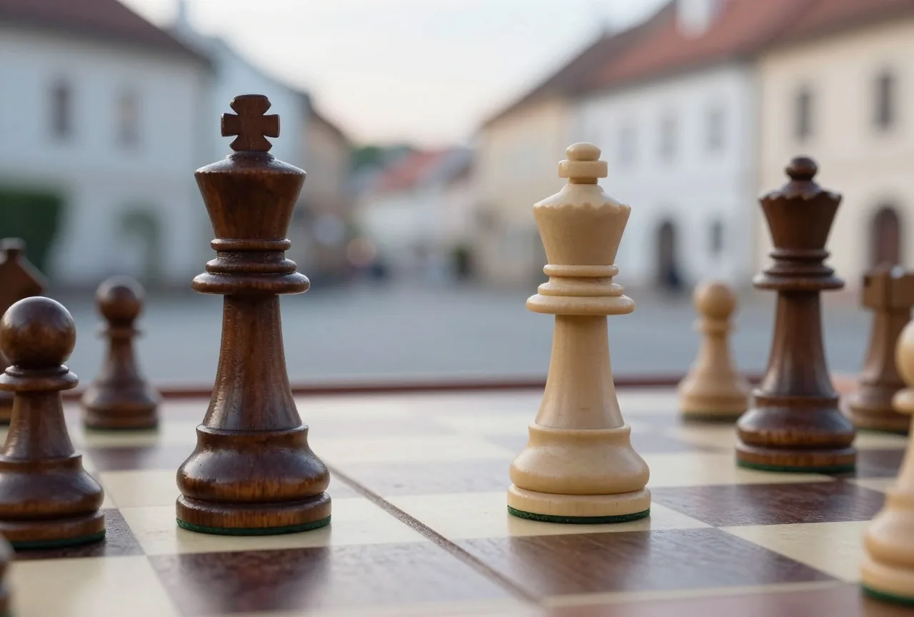 Dunkle Dame und dunkler König stehen auf einer Diagonale, ein heller Läufer zielt aus der Ferne auf sie