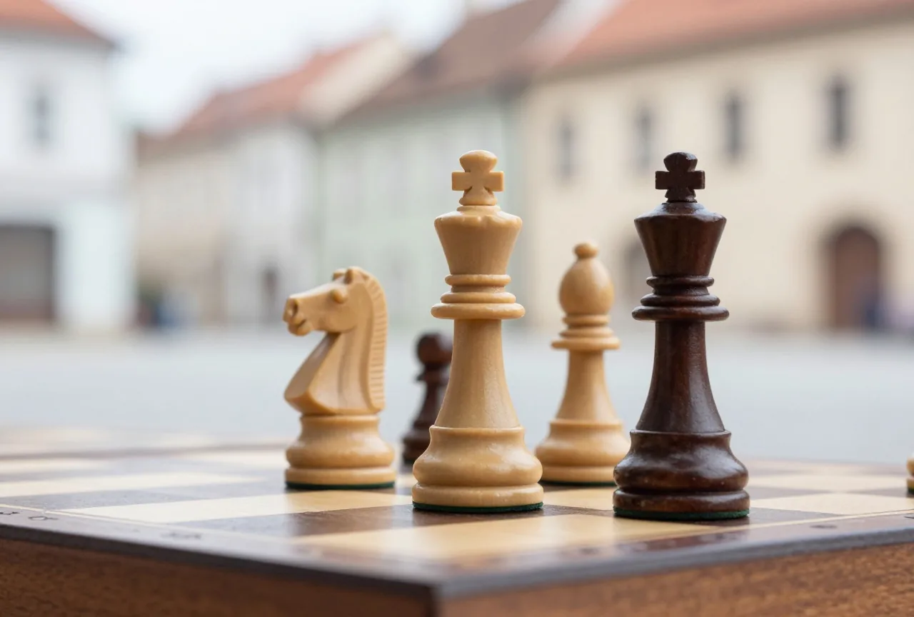 Drei Figuren stehen auf einer Linie des Holzbretts, ein dunkler Turm, davor heller Springer und Dame