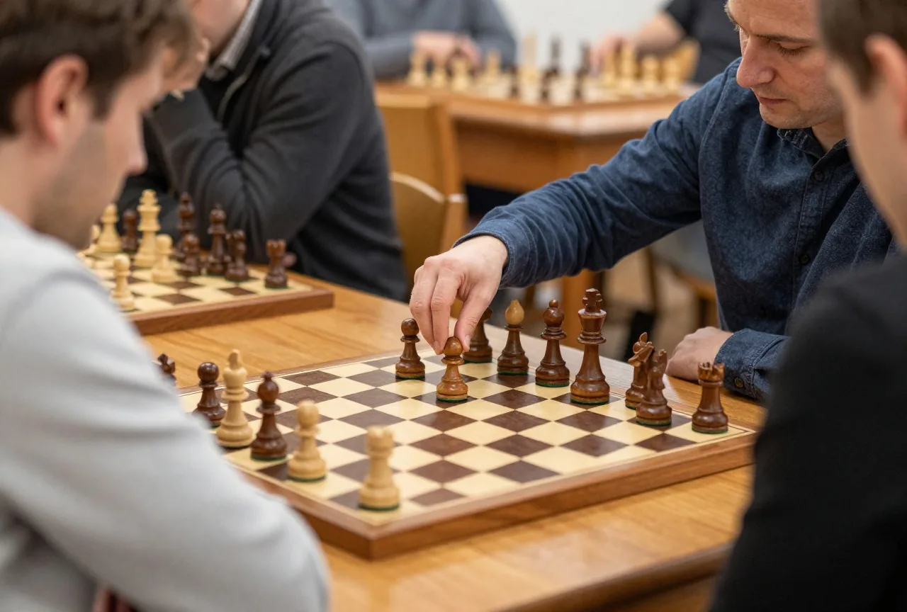Zwei Spieler um die vierzig sitzen am Tisch im Schachverein, einer greift zum Läufer