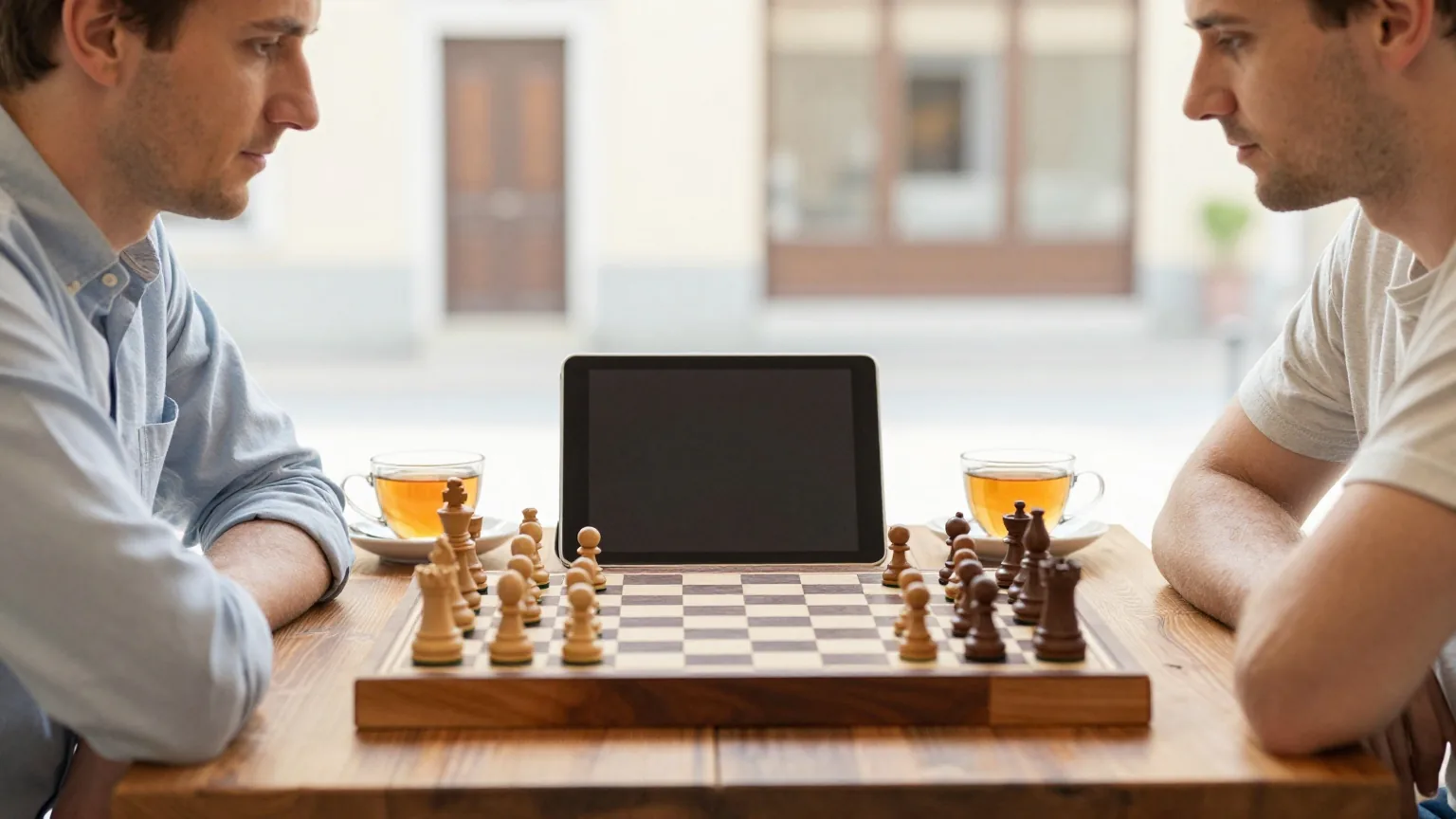 Zwei Erwachsene sitzen sich am Holztisch gegenüber, zwischen ihnen liegt ein Tablet flach auf dem Tisch